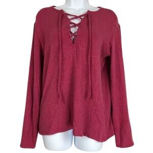 Go Couture Knit Top Womens Size L Pink Long Sleeve Lace Up Comfy Cozy Lounge